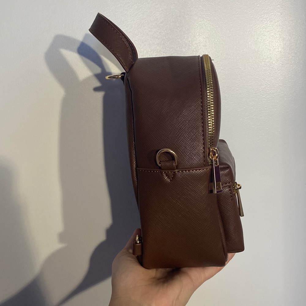 Brown faux leather tiny backpack, matching straps included